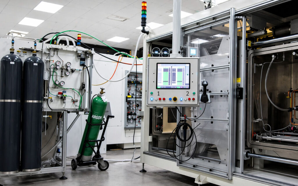 Industrial leak-testing system connected to an argon gas cylinder